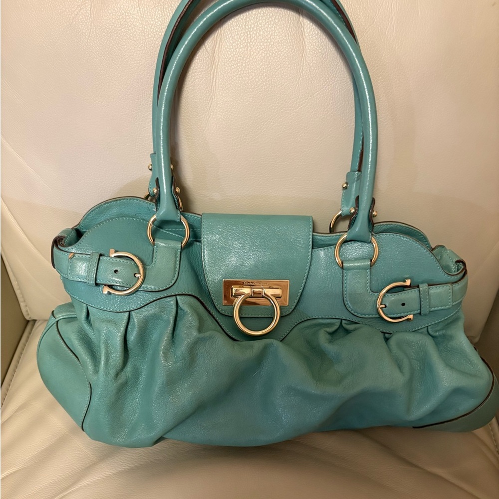 Salvatore Ferragamo Teal Shoulder Bag with Gold Accents